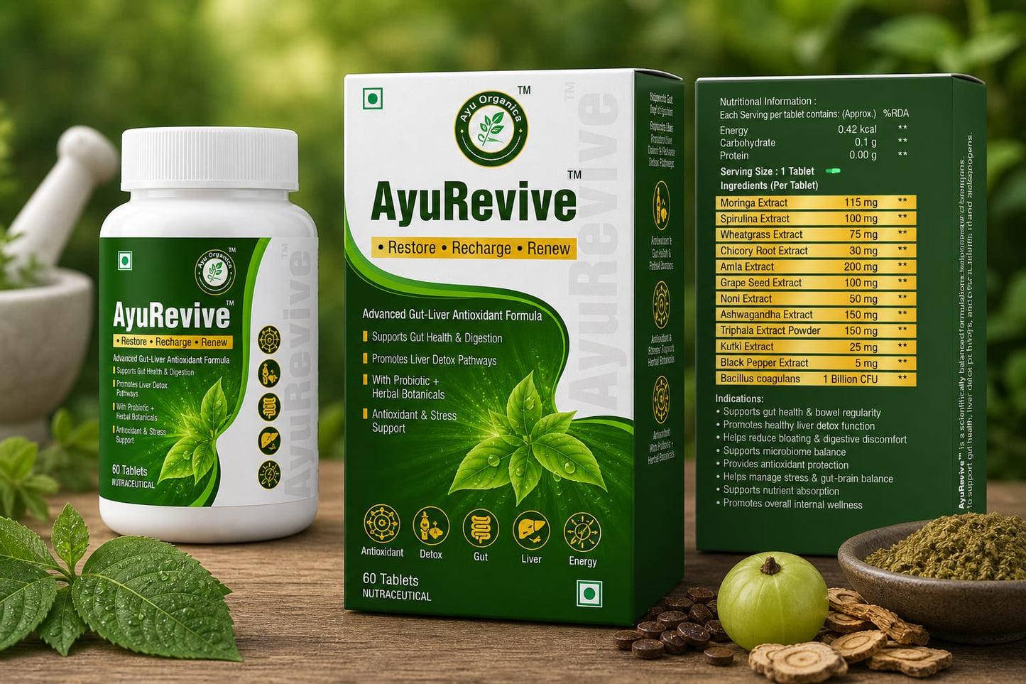 Aayu ReviveDaily Detox, Gut Health, Antioxidant & Energy Support Supplement