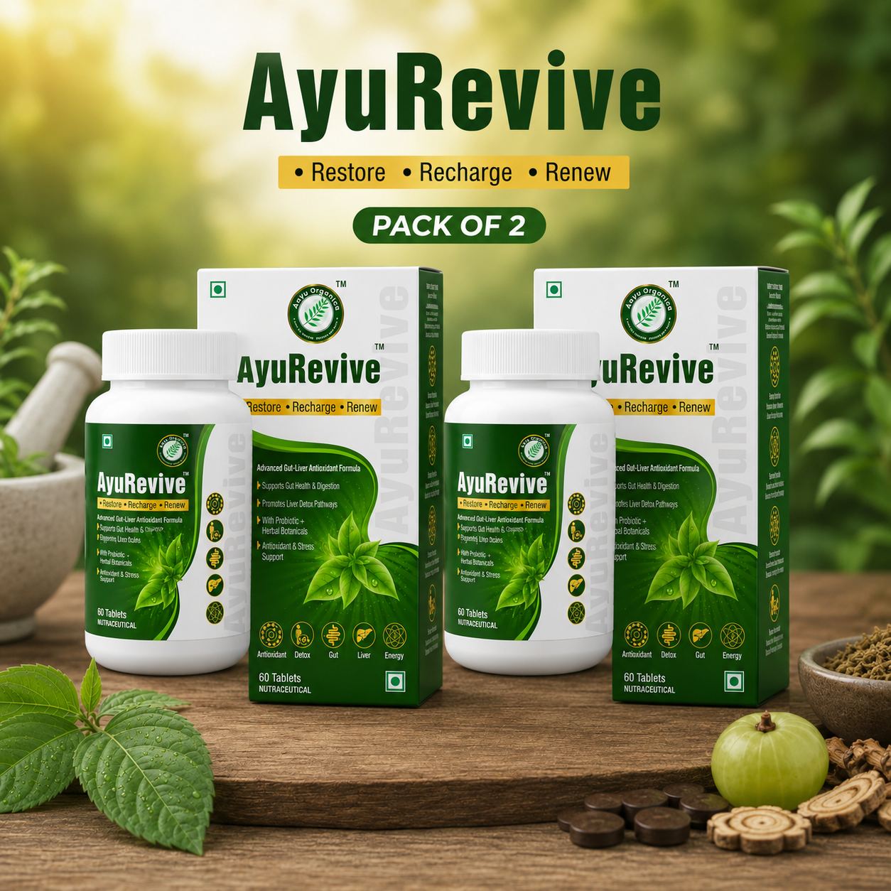 Aayu ReviveDaily Detox, Gut Health, Antioxidant & Energy Support Supplement Pack Of 2